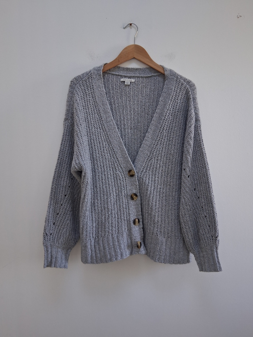 American Eagle Outfitters Heather Light Gray Knit Button-Front Cardigan Small
